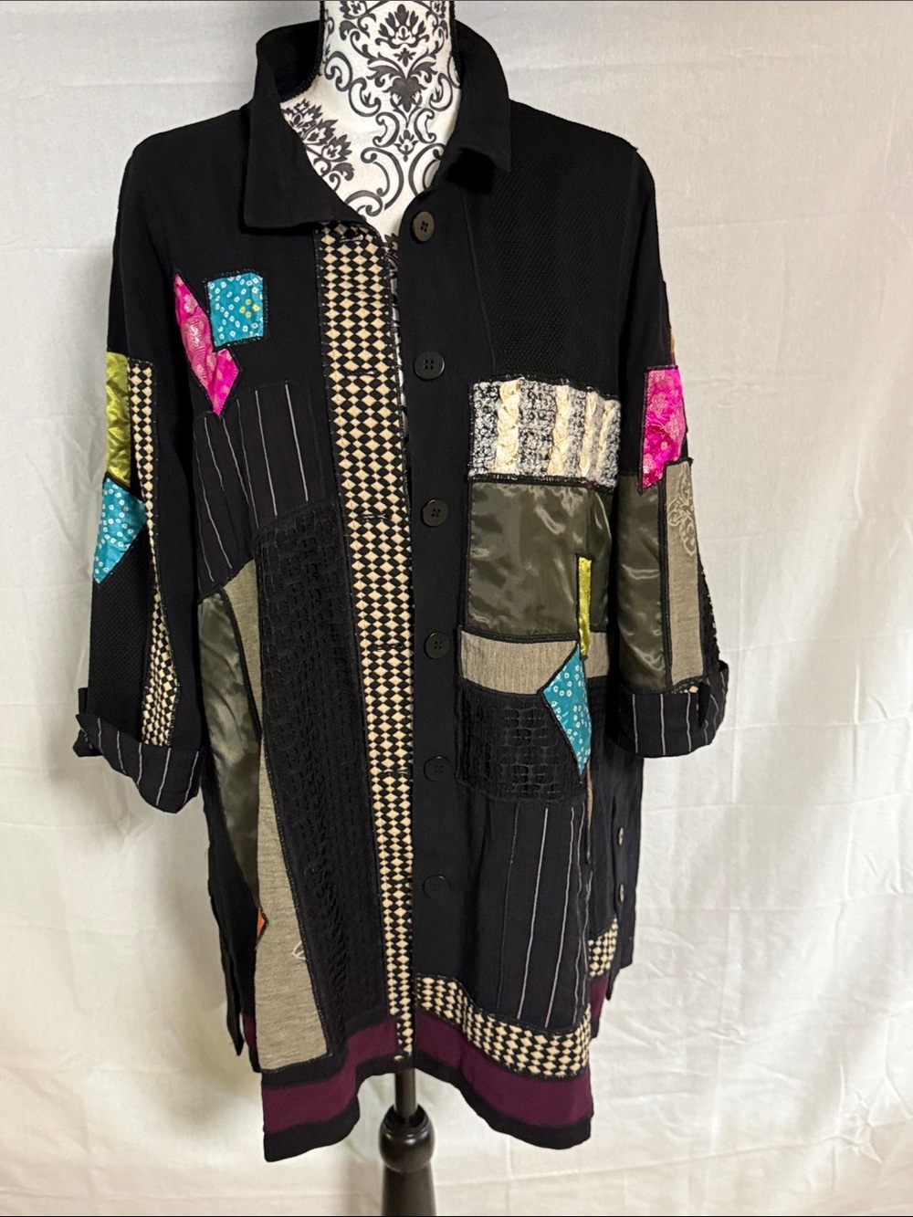 John Mark Black Patchwork Button-Front Jacket with Colorful Mixed Textures